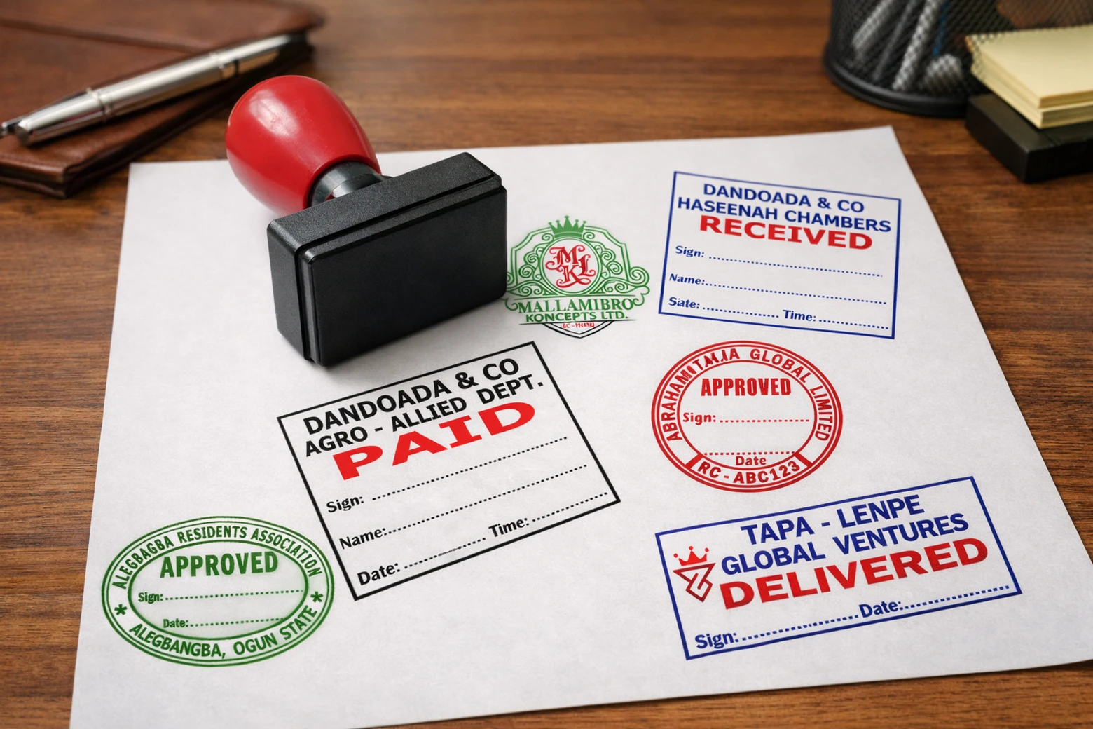 Self-ink office stamp alongside sample RECEIVED, PAID, APPROVED, and DELIVERED imprints used internally by Nigerian businesses