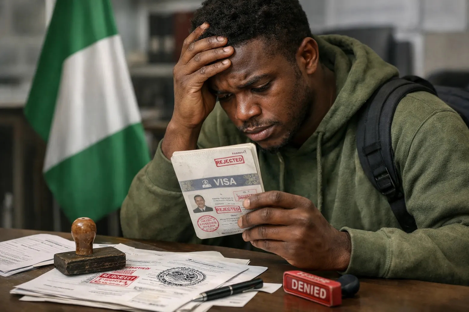 A young man looks at a rejected visa stamped in his passport, with a rubber stamp and rejection paperwork on the desk in front of him