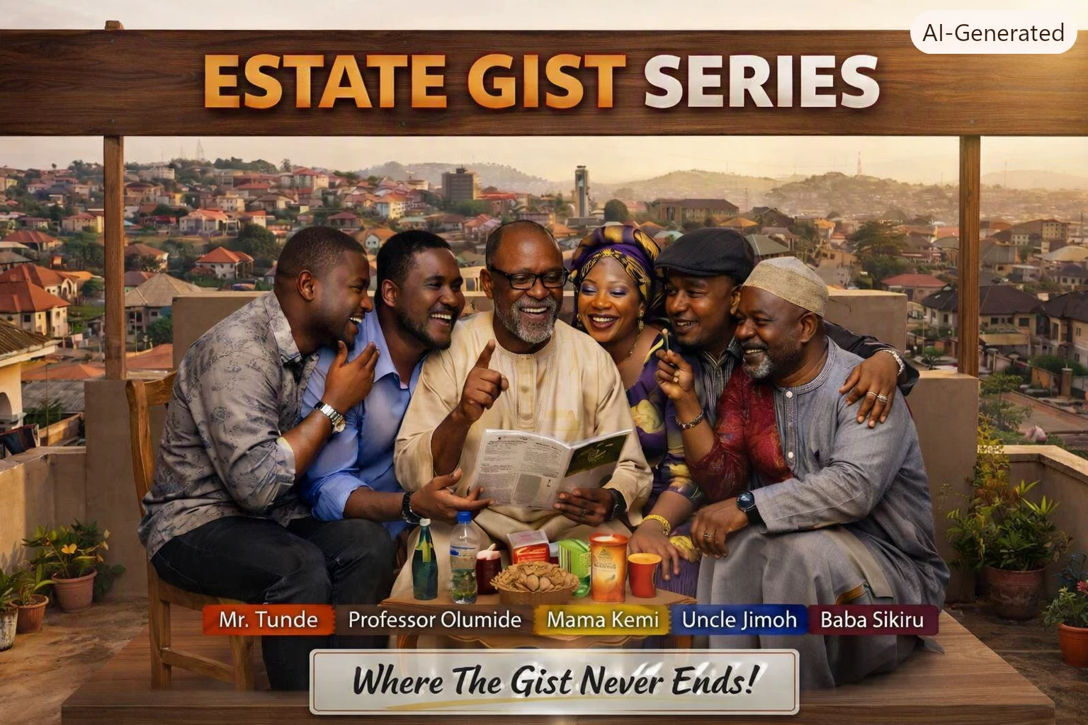 Estate Gist Series key art: the estate neighbors — Mr. Tunde, Professor Olumide, Mama Kemi, Uncle Jimoh and Baba Sikiru — gathered with drinks and snacks under a wooden signboard, with the Ibadan skyline behind them, presented by MALLAMIBRO KONCEPTS LTD